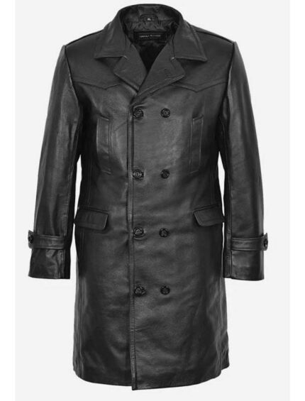 UBOAT Military Style Leather Pea Coat 3/4 Length Black Cow Leather Coat